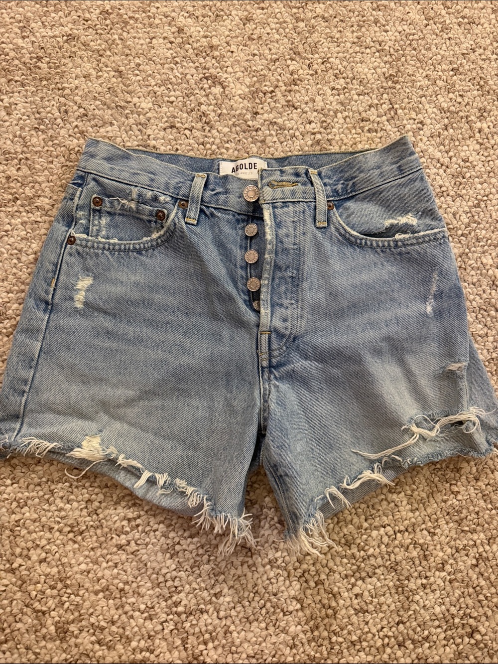 Agolde Light Wash Distressed High-Rise Denim Shorts